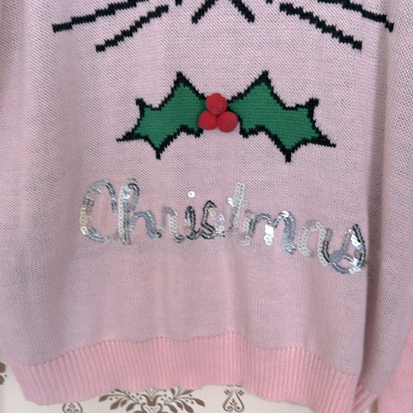 Juniors Christmas Cat Sweater Light Pink XXL (2XG) 19 Sequins & Pom Poms - Picture 3 of 8